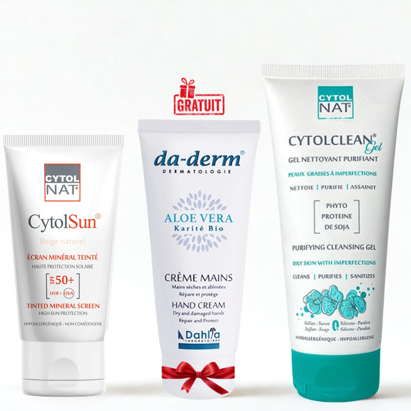 CYTOL CLEAN GEL NETTOYANT PURIFIANT 175ML+ECRAN SPF50+ TEINTE BEIGE NATUREL+DA DERM CREME MAINS 100ML(OFFERT)