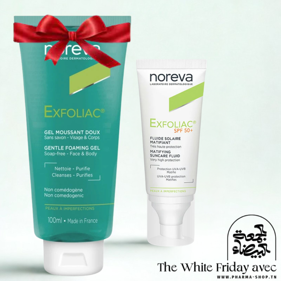 NOREVA EXFOLIAC FLUIDE SOLAIRE MATIFIANT SPF50+ 40ML+EXFOLIAC GEL MOUSSANT DOUX 100ML (OFFERT)
