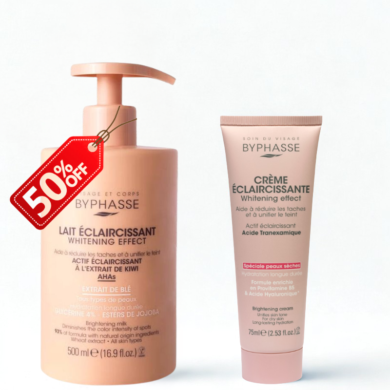 BYPHASSE CREME VISAGE ECLAIRCISSANTE WHITENING EFFECT SPECIALE PEAUX SECHES 75ML+ LAIT ECLAIRCISSANT EXTRAIT DE BLE 500ML (-50%)