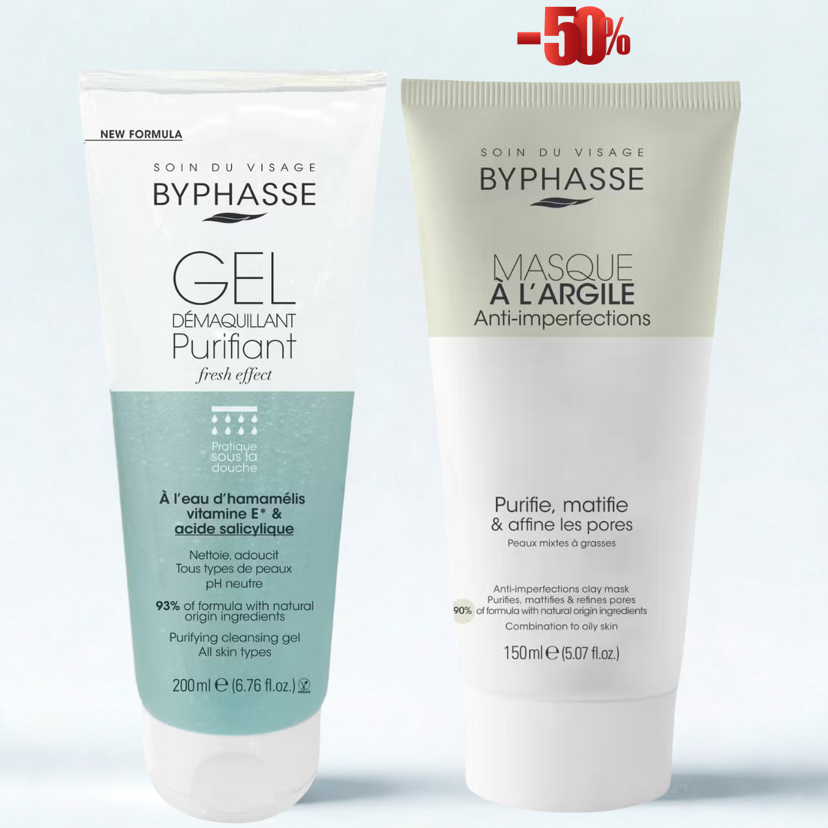 BYPHASSE GEL DÉMAQUILLANT PURIFIANT 200ML+MASQUE A L'ARGILE ANTI-IMPERFECTIONS 150ML (-50%)