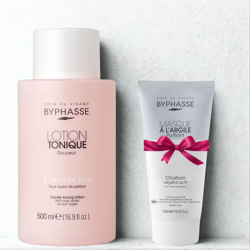 BYPHASSE LOTION TONIQUE A LEAU DE ROSE 500ML+MASQUE A L'ARGILE PURIFIANT 150ML (OFFERT)