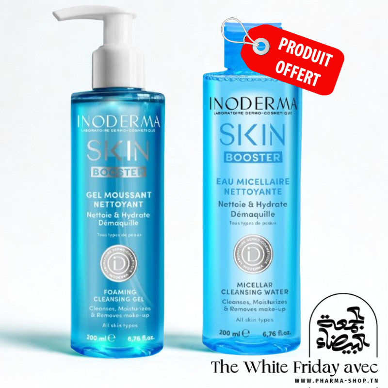 INODERMA SKIN BOOSTER GEL MOUSSANT NETTOYANT 200 ML+EAU MICELLAIRE 200ML (OFFERT)
