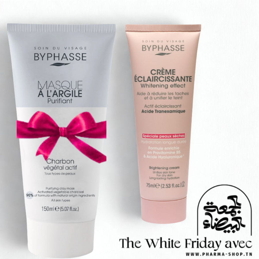 BYPHASSE CREME VISAGE ECLAIRCISSANTE WHITENING EFFECT SPECIALE PEAUX SECHES 75ML+MASQUE A L'ARGILE PURIFIANT 150ML (OFFERT)