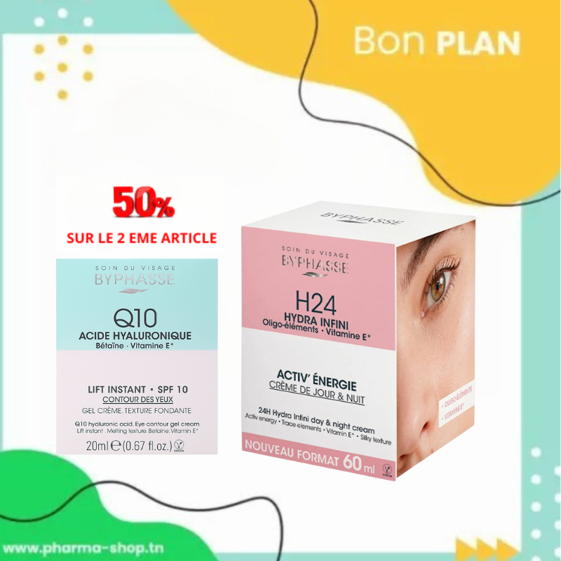 BYPHASSE ACTIV ENERGIE CREME JOUR & NUIT HYDRA INFINI 24H 50ML+GEL CREME LIFT INSTANT Q10 CONTOUR DES YEUX 20ML (-50%)