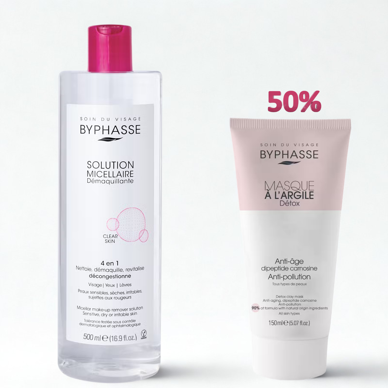 BYPHASSE SOLUTION MICELLAIRE DEMAQUILLANTE 4 EN 1 CLEAR SKIN 500ML+MASQUE A L'ARGILE DETOX 150ML (-50%)