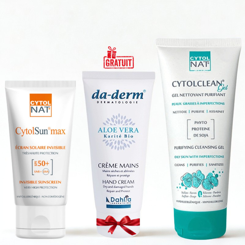CYTOL CLEAN GEL NETTOYANT 175ML+CYTOLSUN MAX ECRAN INVISIBLE SPF50+ 50MLL+DA DERM CREME MAINS 100ML (OFFERT)