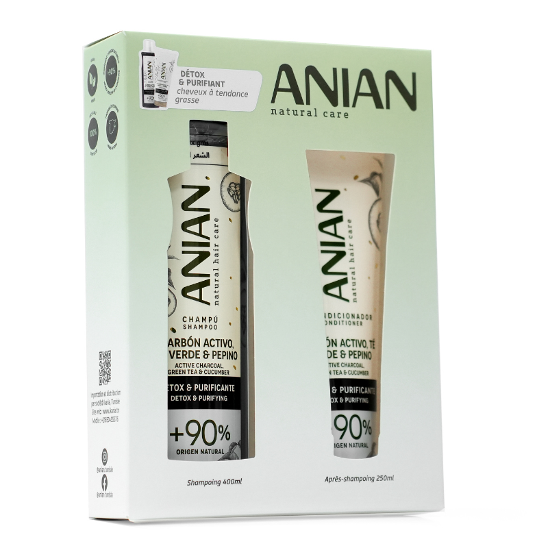 ANIAN COFFRET SHAMPOING CHARBON ACTIF THE VERT ET CONCOMBRE 400ML+APRES SHAMPOOING 250ML