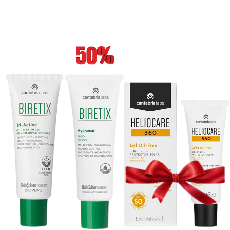 BIRETIX GEL TRI-ACTIVE 50ML+HYDRAMAT FLUIDE 50ML (-50%)+HELIOCARE 360° GEL OIL FREE SPF50+ 50ML (OFFERT)