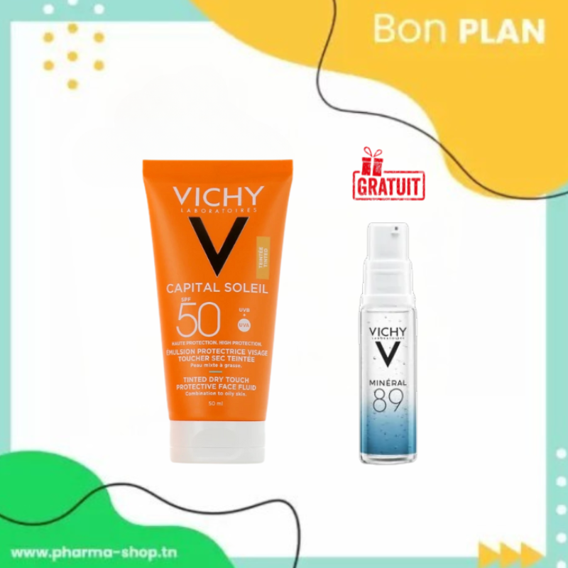 VICHY CAPITAL SOLEIL EMULSION TOUCHER SEC TEINTEE SPF50 50ML+MINERAL 89 10ML(OFFERT)