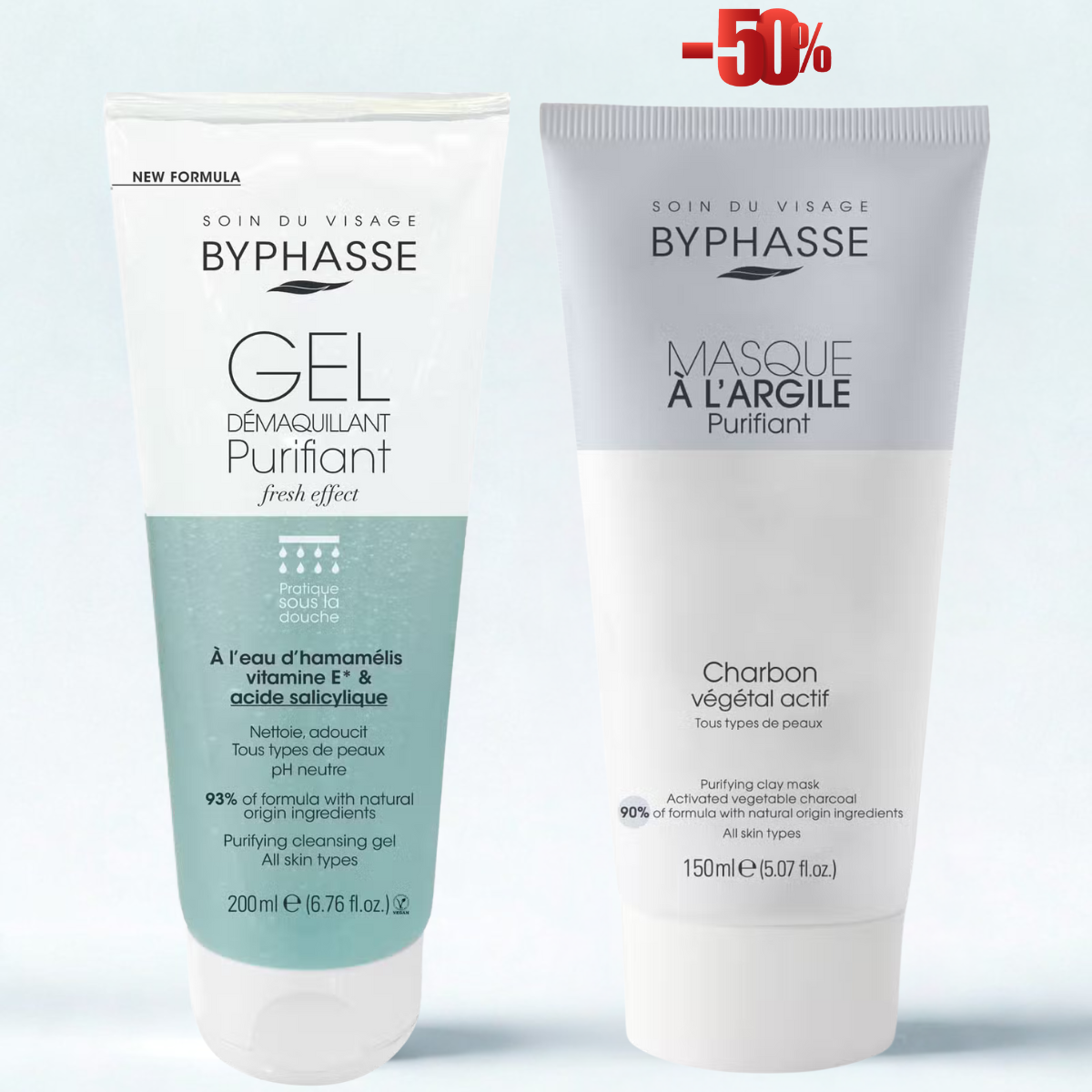 BYPHASSE GEL DÉMAQUILLANT PURIFIANT 200ML+MASQUE A L'ARGILE PURIFIANT 150ML (-50%)