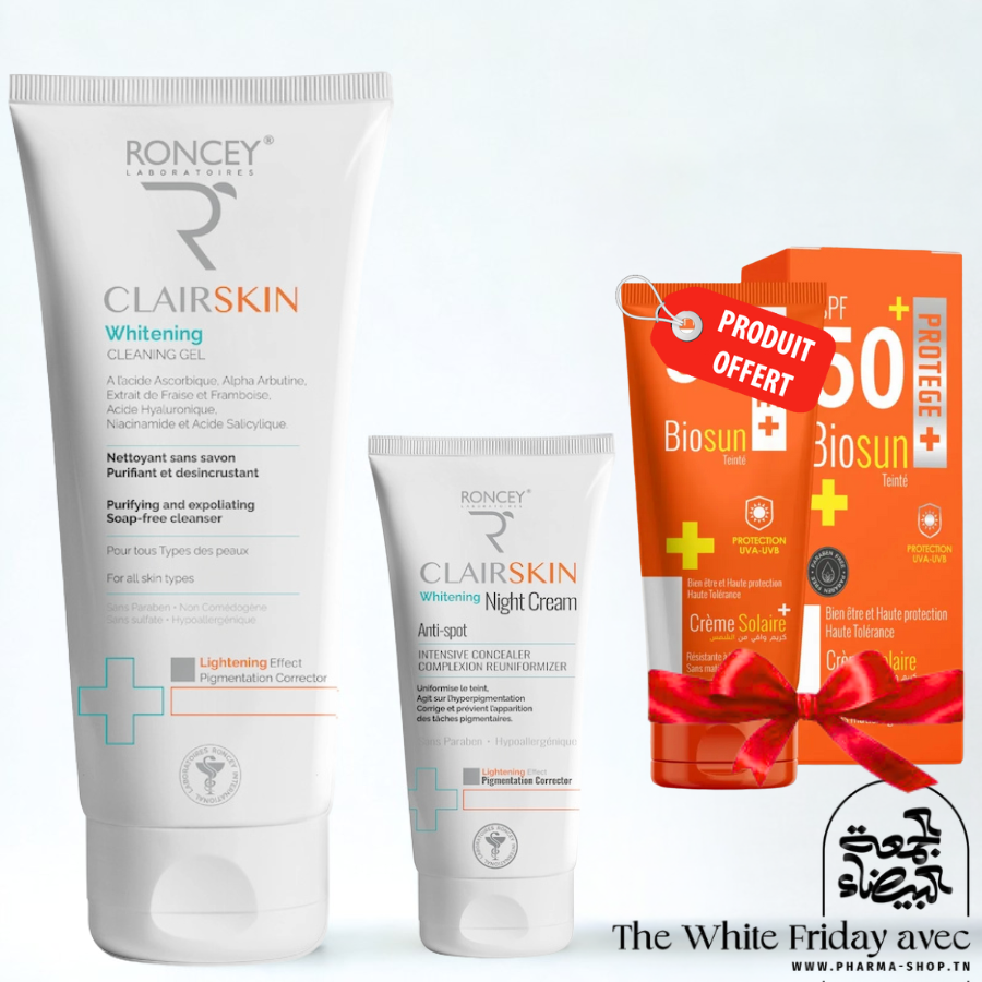 RONCEY CLAIRSKIN CREME DE NUIT ECLAIRCISSANTE 50ML+GEL NETTOYANT ECLAIRCISSANT 200ML+ BIOSUN ECRAN 50ML AU CHOIX (OFFERT)