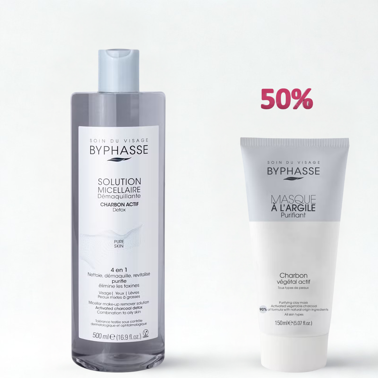 BYPHASSE SOLUTION MICELLAIRE DEMAQUILLANTE 4 EN 1 AU CHARBON ACTIF 500ML+MASQUE A L'ARGILE PURIFIANT 150ML (-50%)