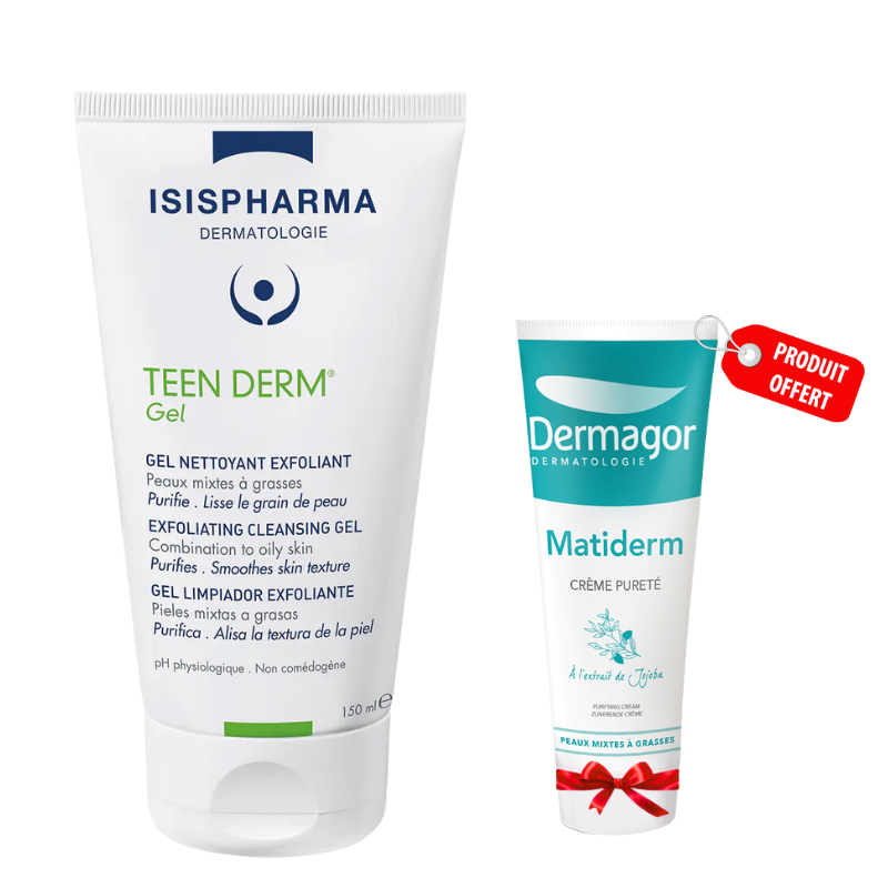 ISISPHARMA TEEN DERM GEL NETTOYANT EXFOLIANT 150ML+MATIDERM CREME PURETE 40ML (OFFERT)