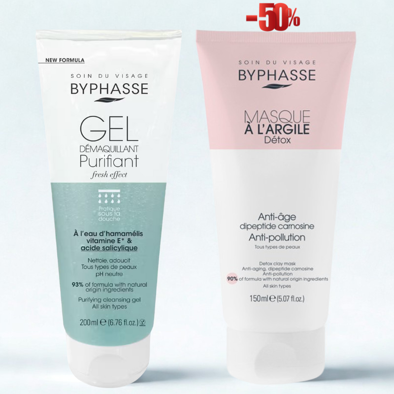 BYPHASSE GEL DÉMAQUILLANT PURIFIANT 200ML+MASQUE A L'ARGILE DETOX 150ML (-50%)