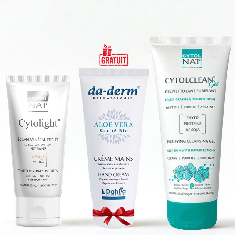CYTOL CLEAN GEL NETTOYANT 175ML+CYTOLIGHT ECRAN MINERAL TEINTEE ANTI TACHES SPF50+ 50ML+DA DERM CREME MAINS 100ML (OFFERT)