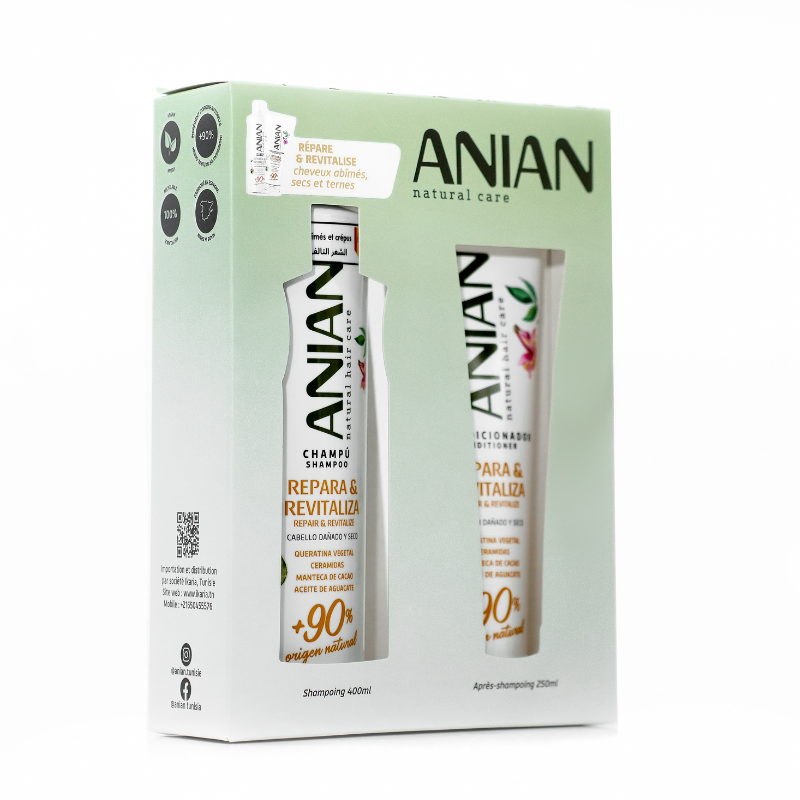 ANIAN COFFRET SHAMPOING REVITALISANT REPARATEUR AVOCAT BEURRE DE CACAO 400ML+APRES SHAMPOOING 250ML