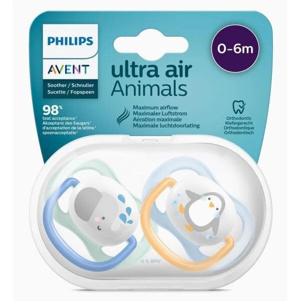AVENT 2 SUCETTES 0-6M BOY ANIMALS SCF80/05