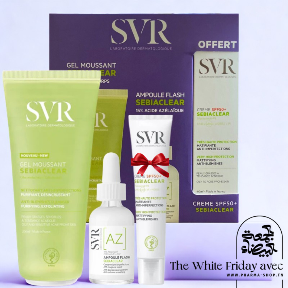 SVR COFFRET SEBIACLEAR GEL MOUSSANT 200ML+AMPOULE AZ FLASH ANTI IMPERFECTIONS 30ML+CREME SOLAIRE MATIFIANTE SPF50 40ML (OFFERT)