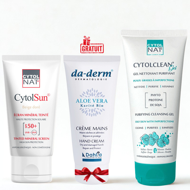CYTOL CLEAN GEL NETTOYANT PURIFIANT 175ML+ECRAN SPF50+ TEINTE BEIGE DORE+CREME MAINS (OFFERT)