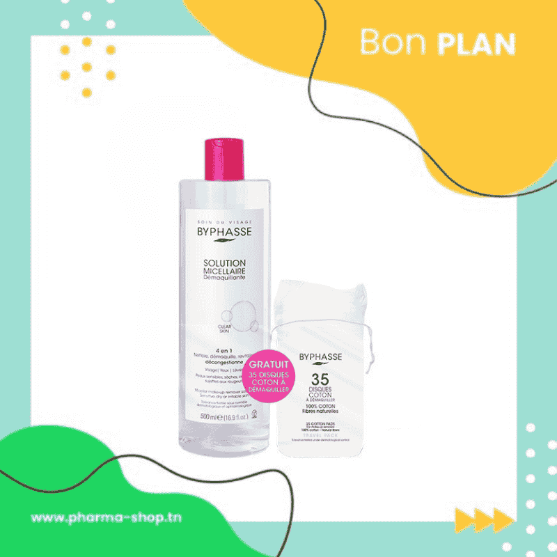 BYPHASSE SOLUTION MICELLAIRE DEMAQUILLANTE 500ML+35 COTONS (OFFERT)