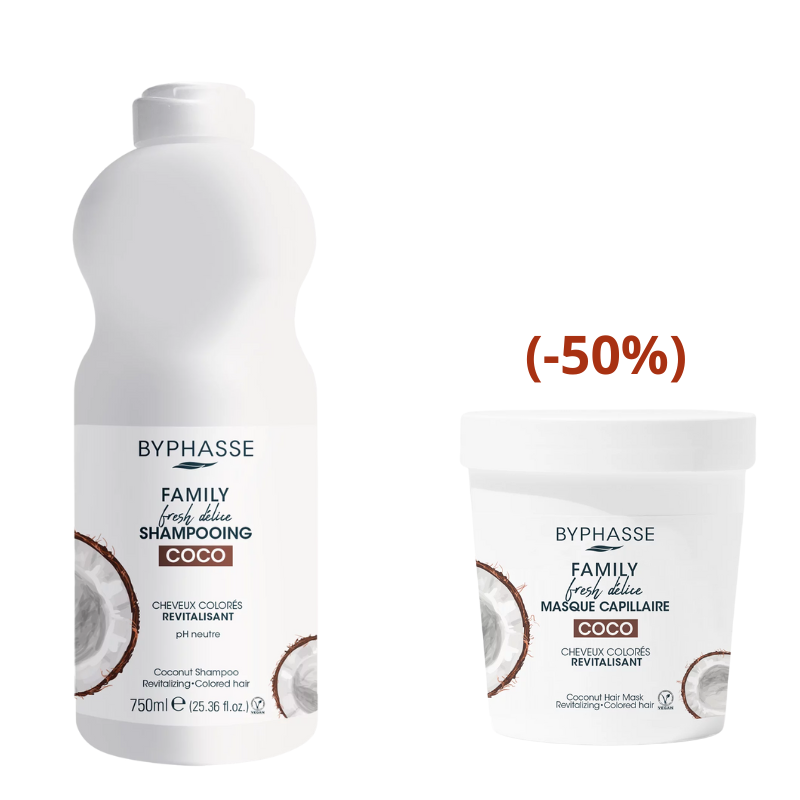BYPHASSE FAMILY SHAMPOOING COCO CHEVEUX COLORES 750ML+MASQUE CAPILLAIRE COLORES 250ML (-50%)