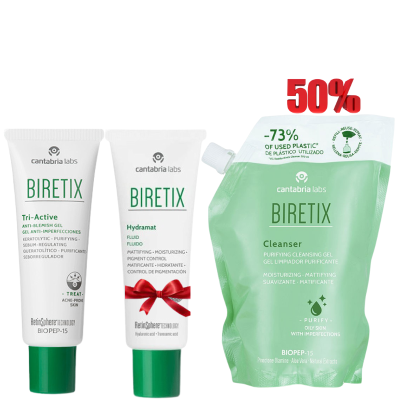 BIRETIX GEL TRI-ACTIVE 50ML+GEL NETTOYANT RECHARGE 400 ML (-50%)+HYDRAMAT FLUIDE 50ML (OFFERT)